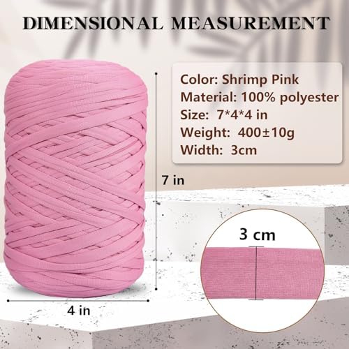 400g T-Shirt Yarn Elastic Fabric Crochet for DIY Knitting, 130 Yards Spaghetti Thick Knitting Yarn for Hand DIY Bag Basket Cushion Crocheting Projects, Home Decor (Shrimp Pink)