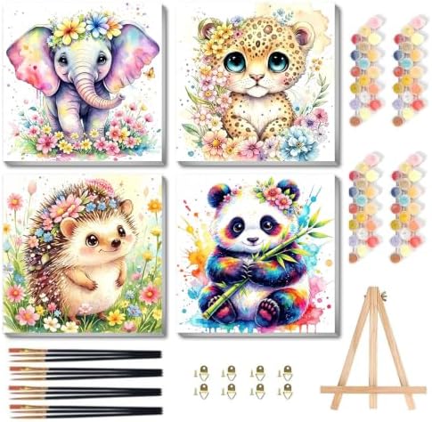 bleihum 4 Pack Paint by Numbers Kit for Kids with Frame Wooden Easel | Animal Paint by Number Kids Ages 8 12, Easy Animals Panda Elephant Acrylic Painting for Boys Girls Home Decor 8x8Inch