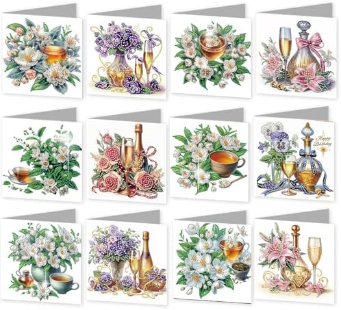 C'eitura 12Pcs Floral Drink Diamond Art Painting Greeting Card Kit with Envelopes, DIY Flower-Themed Beverage Card Making Set for Christmas Birthday Thanksgiving, Creative Handmade Card Craft