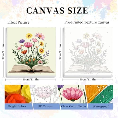 Camocin Framed Paint by Numbers Kit for Adults Beginner - Book and Wildflowers Paint by Number Canvas with Frame, Cottagecore DIY Acrylic Painting Kit for Book Lovers Home Wall Decor 12x12 Inch