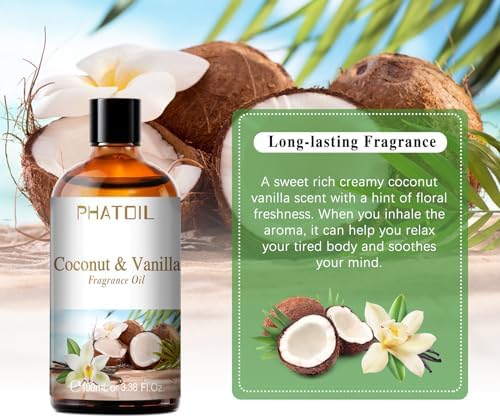PHATOIL Coconut & Vanilla Fragrance Oil for Diffuser Aromatherapy 3.38FL.OZ | Long Lasting Scented Oils For Humidifier, Air Freshener, DIY Soap Candle, Scent Project Making, Aroma Oil for Home Freshening