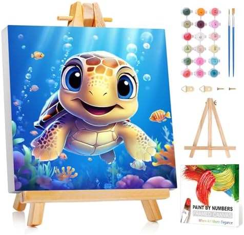 Reivworl Sea Turtles Paint by Numbers Kit for Kids with Frame 8×8 inch