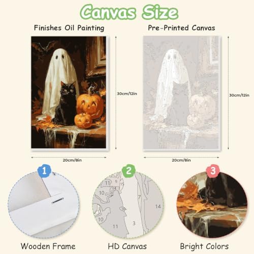 Spandrel Halloween Ghost Framed Paint by Numbers Kit for Adult, Black Cat Paint by Number Kits on Canvas, DIY Acrylic Oil Pumpkin Painting by Numbers for Home Wall Decor, 8x12in