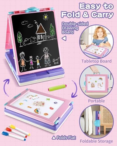 Elovien Easel for Kids, 4 in 1 Double Sided Toddler Art Easel with Chalkboard & Magnetic Whiteboard, Foldable Kid Tabletop Easel with Drawing & Writing Accessories - Educational Gift for Girl (Purple)
