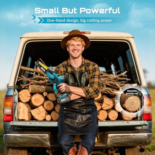 SEESII Flagship 8-Inch Cordless Mini Chainsaw, Upgraded Brushless Motor | Electric Chainsaw with 2×4000mAh Batteries, Tool-Free Chain Tension & Oiler, Handheld Saw for Fast Tree Branch Cutting