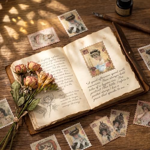 60pcs Vintage Postage Stamp Stickers, Aesthetic Classical Beauty Deco Paper Sticker for Scrapbooking, Journaling Supplies, Planners, Kid DIY Art Crafts
