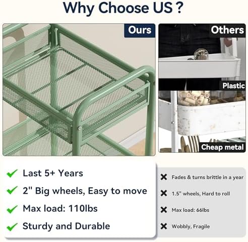YASONIC 3 Tier Metal Rolling Cart, Green Utility Storage Cart with Wheels | Metal Mesh Craft Cart With Hooks & Hanging Cups, Ideal For Kitchen, Bathroom, Office, Dorm, Art Workspace, Bedside Storage