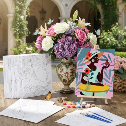 Harloon 36 Pcs 8 x 10 Inch Pre Drawn Canvas for Painting Afro Flower Butterfly Queen Pre Stretched Canvas Painting for Adults Outline for Sip and Paint Party Supplies Favor