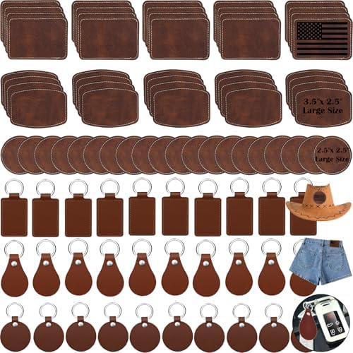90 Pcs Lasable Engravable Blanks - Leatherette Iron on Hat Patches & PU Leather Key Fob Kit for DIY Custom Laser Engraving Craft Gifts