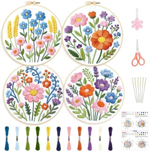 ORIGACH 4 Pack Easy Flower Embroidery Kits for Beginners DIY Starter Hand Embroidery Kit with Floral & Plants Patterns and Instructions for Adults Women Crafting