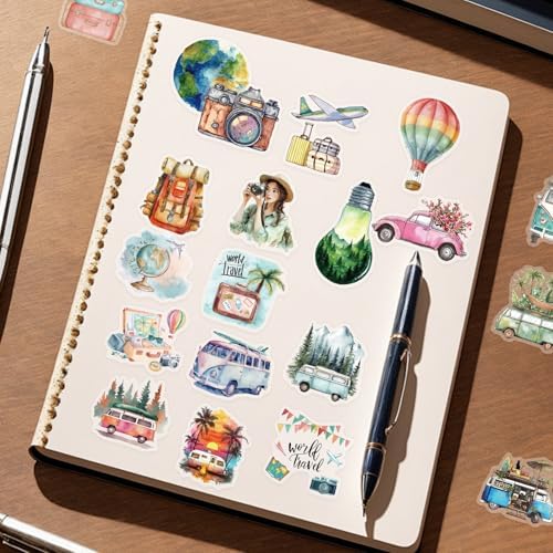 50PCS Vintage Watercolor Travel Stickers – Retro Vacation Clear Aesthetic Outdoor Adventure Stickers for Scrapbooking, Journaling, Luggage, Travel Decor