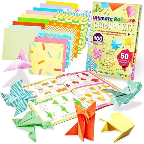 BRYTE Ultimate 450 Sheets Rainbow Origami Paper Kit Double Sided, 400 Sheets Solid Color Paper with 50 Origami Paper, Large 46 Page Illustrated Guide Book, Arts and Crafts for Kids Ages 8-12