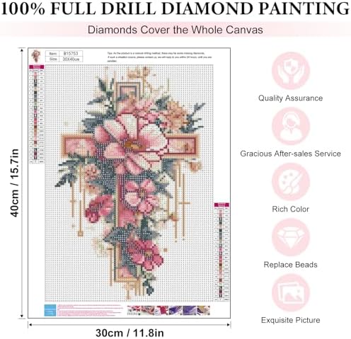 Yezavesu Cross Flower Diamond Art Kits for Adults Beginners 12x16 Inch | Religious Diamond Painting, DIY 5D Full Round Drill Gem Art, Stress Relief Craft Kits, Home Wall Decor Gift