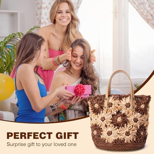 Noocro Crochet Kit for Intermediate or Advanced Level, Floral Raffia Bucket Bag, Purse, Step by Step Video Tutorial, Detailed Instruction Complete Kit Craft Supplies Holiday Gift (Mocha Blossom)