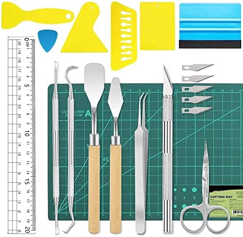 MMOBIEL 19-Piece Vinyl A5 Cutting Mat Tool Set Stainless Steel with Scrapers, Scalpel Knives, Spatula Spudgers, Ruler Tweezers and Scissors