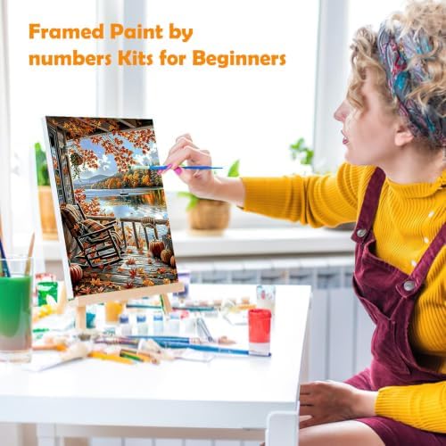 MOGTAA Fall Paint by Numbers Kit for Adults Beginners with Frame, Autumn Adult Paint by Number Kits on Canvas with Easel, Easy DIY Landscape Oil Painting Kits for Home Decor, 8x12in