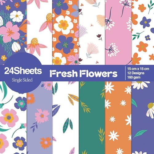 6x6" Cardstock Single Sided Scrapbooking,Craft Decorative Scrap Book Paper | 160gsm,24-Sheet 12Patterns Colored Paper,Junk Journal Supplies,Vivid Origami Papers DIY Craft Gift Wrapping Album.FreshFlower