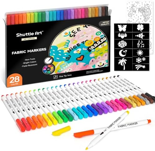 Shuttle Art 28 Colors Fabric Markers, Permanent Markers for T-Shirts Clothes Sneakers Jeans with 11 Stencils 1 Sheet, Shirt Pens for Adult DIY Painting Writing