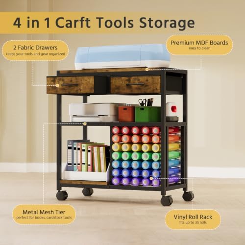 Craft Cart with 2 Fabric Drawers, Craft Organizer and Storage Stand Compatible with 35 Vinyl Roll Holders, Vinyl Roll Storage and Organization Holder
