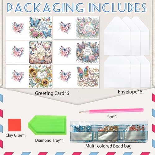 6 Pack Diamond Art Greeting Cards with Envelopes, DIY 5D Diamond Painting Birthday Card Kit with Butterflies and Flowers, 30x15cm Handmade Special Shaped Rhinestone Craft for Holiday and Birthday