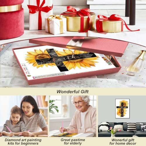 Domnpes Cross Diamond Art, Sunflower Diamond Painting Kit for Adults