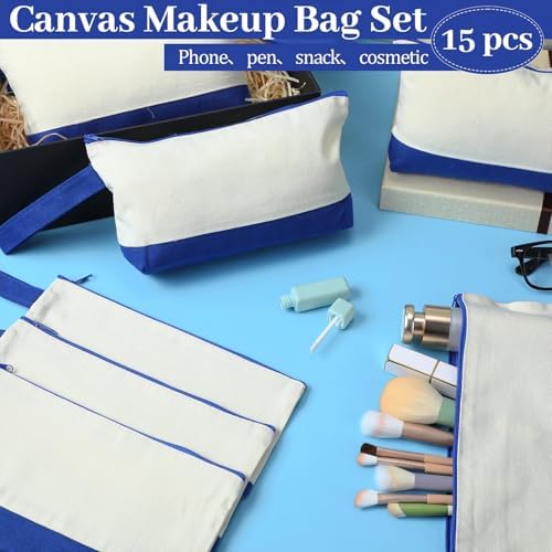Silkfly 15 Pcs Cotton Canvas Makeup Bags Cosmetic Zipper Bags 10.2 x 5.5 x 2'' Blank DIY Pouch Bulk Pencil Case with Bottom Travel Toiletry Pouch for Women Craft Decor Gift (Beige and Blue)