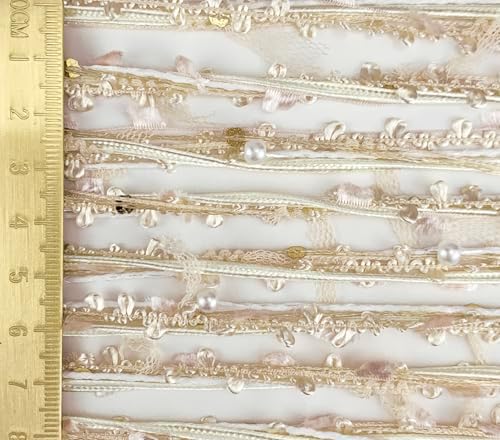Artisanal Yarn Collection Multifiber Fancy Yarn with White Beads for Knitting Crocheting Crafts DIY, Set of 3 Rolls (Moonlight Gold)