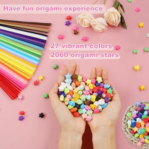 Phinus 2060 Sheets Origami Paper, 27 Assortment Colors Double Sided Star Paper Strips, 8.5 x 0.4 Inch Lucky Origami Star Paper Strips for DIY Hand Art Crafts