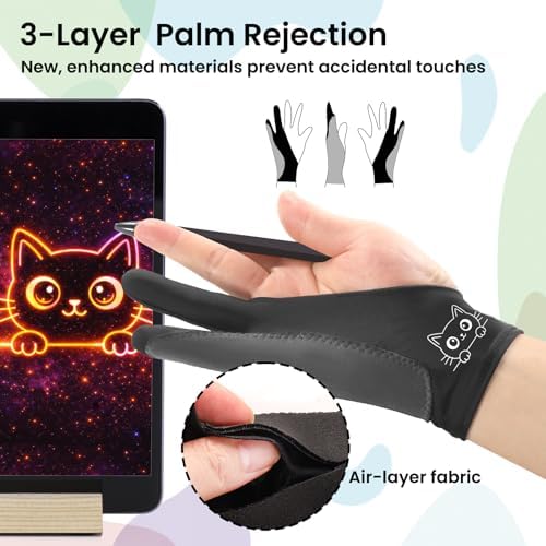 Cute Kitty Drawing Glove: 3-Layer Palm Rejection for iPad & Drawing Tablet | Smooth-Glide & Breathable Artist Glove for Digital Art, Two-Finger Design, Fits Left & Right Hand, 2-Pack + Cleaning Cloth