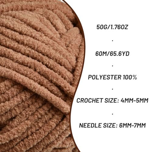 3 Packs Plush Chenille Chunky Crochet Yarn - Baby Yarn for Crocheting Soft - Velvet Yarns Knitting for Blankets Crafts - Fluffy Amigurumi Yarns 150g / 196.8yds (3 Light Coffee)