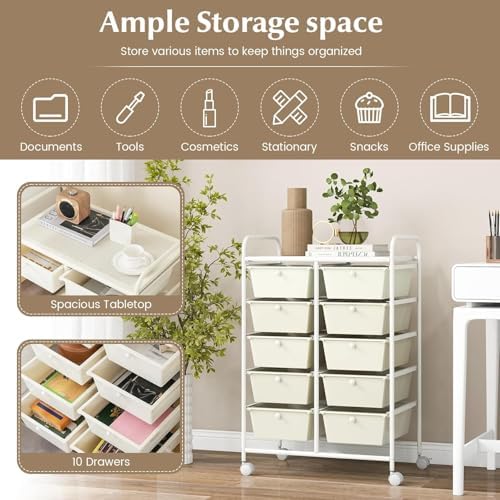 LDAILY 10 Drawer Rolling Cart, Storage Cart Organizer on Wheels, Drawer Cart with Metal Frame & Large Storage Capacity, Rolling Cart with Drawers for Living Room Classroom, Office