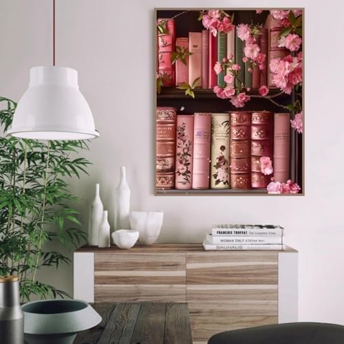 Canrichshop Books Paint by Numbers Kit for Adults,Bookshelf DIY Acrylic Painting Kit for Beginners Unframed,Flowers Easy Adult Paint by Number Kits on Canvas for Decor 16x20inch