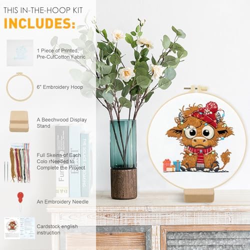 Christmas Highland Cow Embroidery Kit for Beginners Adults Easy Embroidery Starter Kit Highland Cow Christmas Hat Cross Stitch Kits Embroiderys Hoop Needlepoint Kits with Instruction Needles Thread