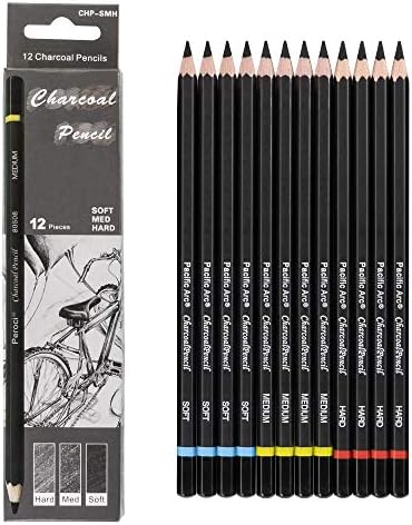 Pacific Arc Premium Charcoal Drawing Pencils for Artists - 12 pieces Soft, Medium, Hard - Professional Artist Pencils for Drawing, Sketching, Shading