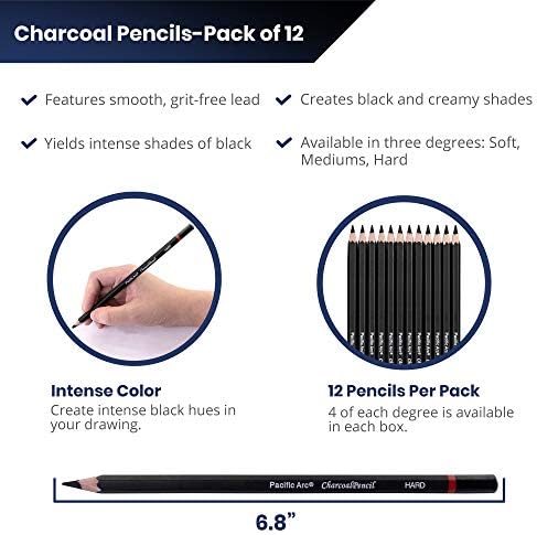 Pacific Arc Premium Charcoal Drawing Pencils for Artists - 12 pieces Soft, Medium, Hard - Professional Artist Pencils for Drawing, Sketching, Shading