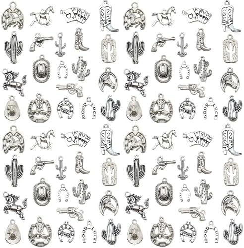 80pcs Western Cowboy Themed Charms Set - Zinc Alloy 3D Miniature Cowboy Hat, Horse, Boot Shoe Charms for DIY Jewelry Making, Keychain Crafts Accessory Tools -Durable, Versatile, and Perfect for Creative Projects (Antique Silver)