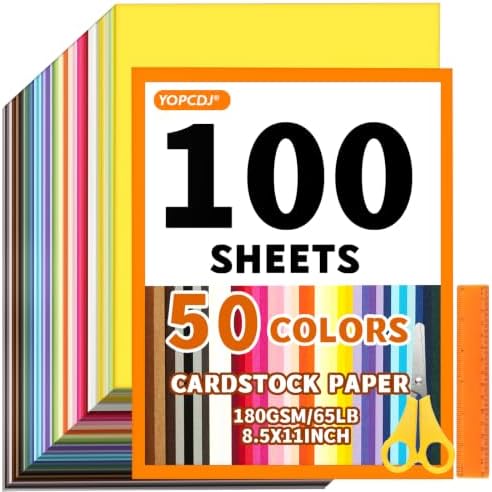 100 Sheets 8.5" X 11" Colored Cardstock, 50 Assorted Colors 180 GSM/65 LB Construction Paper, Card Stock Craft Set with Scissors and Ruler, Printer Paper for Scrapbooking, DIY Crafts and Decorations