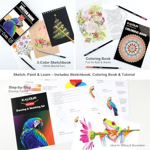 KALOUR PDAS 112 Drawing Set Sketching Kit, Pro Art Supplies with 3-Color Sketchbook & Coloring Book, Neon, Colored, Watercolor, Metallic, Graphite, Charcoal Pencils, Gift for Artists Adults Teens