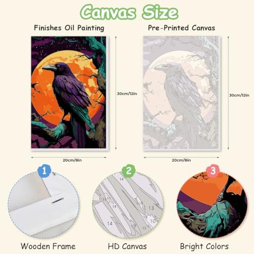 Spandrel Gothic Raven Paint by Number Kits for Adults, Halloween Paint by Number Kits on Canvas, DIY Acrylic Oil Full Moon Painting by Numbers Gitfs for Home Wall Decor, 8x12in