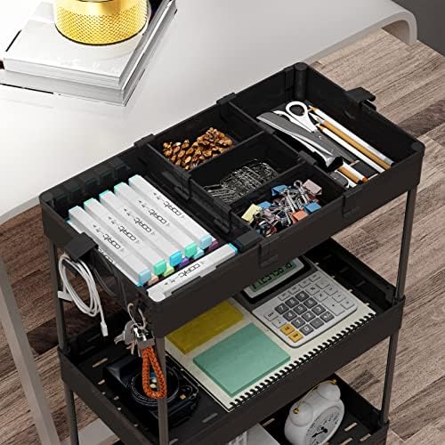 SPACELEAD 4 Tier Rolling Cart with Wheels, Storage Craft Art Trolley Organizer Serving, 3 Hanging Baskets Easy Assembly, for Office, Living Room, Kitchen