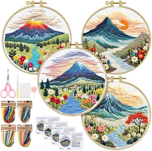 ERKOON 4 Set Embroidery Kit for Beginners, Cross Stitch Set Include Embroidery Cloth Hoops Threads for Craft Lover Hand Stitch with Embroidery Skill Techniques (Landscape)