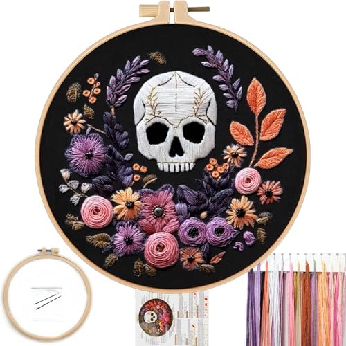 FONNUY Halloween Embroidery Kits for Beginners,Skull Pumpkin Spider Web Floral Stamped Cross Stitch Kit for Adults, Spooky Season Boho Wall Decor, 8'' Hoop (Skull 3)