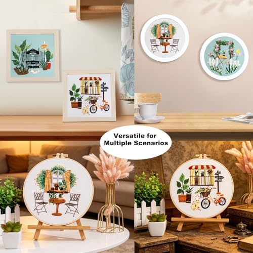 Qupace 3 Pcs Beginner Embroidery Kits for Adults - Garden Balcony Scene Pattern Cross Stitch, Green Themed Needlework Sewing Craft Kit,Farmhouse Kits