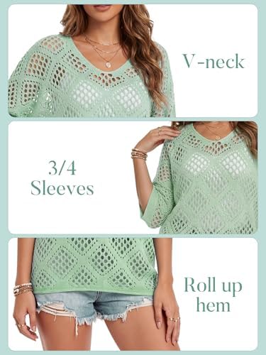 Womens Crochet Top Summer 3/4 Sleeve Cover Up V Neck Boho Tops