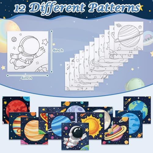Anseal 12 Packs Pre Drawn Canvas to Paint, 4" X 4" Planet Pre-Printed Paint Party, Pre Stretched Canvas Outline Painting Boards for Paint Lovers, Party Favor