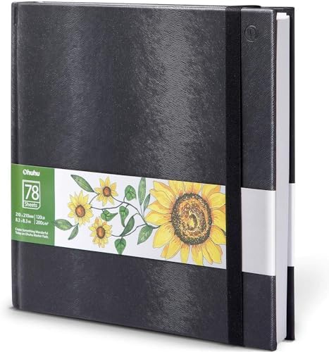 Ohuhu 8.3"x8.3" Marker Paper Pad Art Sketchbook for Drawing and Sketching | Square Sketch Book - 120 LB/200 GSM Smooth Drawing Paper - 78 Sheets/156 Pages - PU Hardcover Sketch Pad for Alcohol Markers