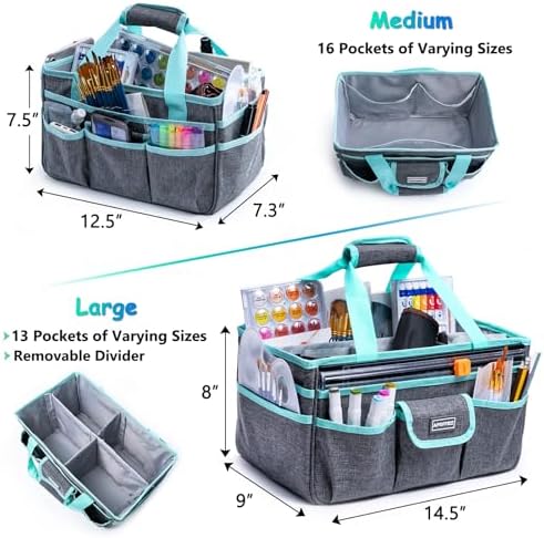 Art Supply Organizer Tote Bag – Craft Caddy with Handle, Utility Storage Tote with Multiple Pockets & Adjustable Divider for Stationary, Sewing, Scrapbooking, School, Office, Medical Supplies