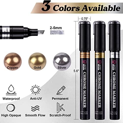LET'S RESIN Liquid Mirror Chrome Metallic Markers 3 Colors,Reflective Gloss | 2-5mm Larger Application Area, 3 Colors Epoxy Resin Tools for Coloring, Stroke, Painting, DIY Craft