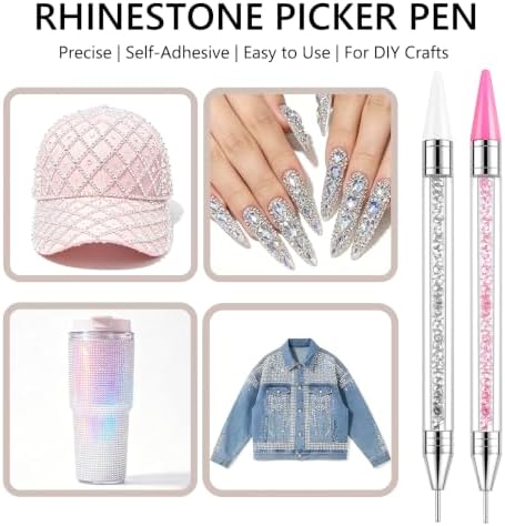 LIGHT RAIN Rhinestone Picker Tool - 2pcs Dual-head Bedazzling Pen with 4 Wax Tips, 8pcs Clay, Adjustable Precision Tweezers, 1400pcs Rhinestones and 2pcs Organizer Tray Kit for Nail Art