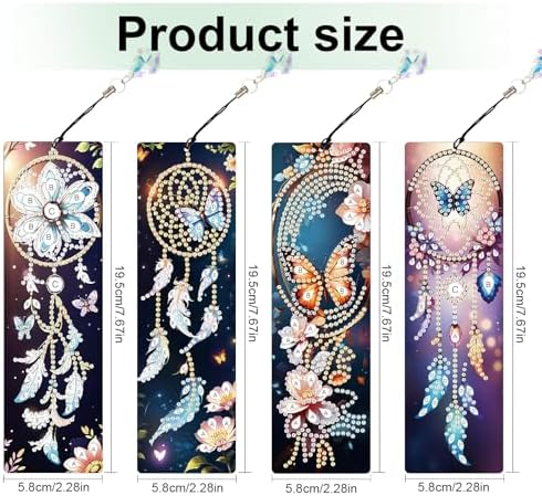 4 Pack Diamond Painting Bookmarks for Adults, 5D DIY Diamond Art Bookmark Kit with Tassels, Rhinestone Craft Supplies for Reading Lovers, Dreamcatcher & Butterfly Designs